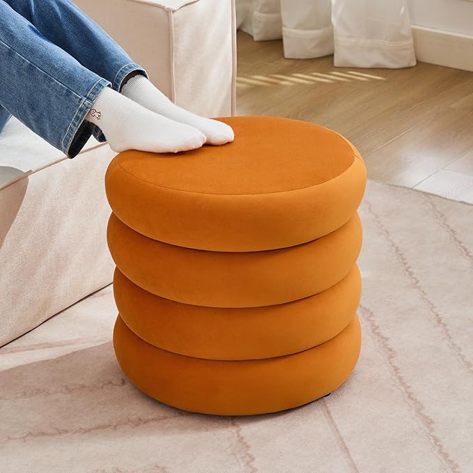 ONEVOG Round Storage Ottoman, 20" Small Ottomans Table with Removable Lid, Velvet Fabric Soft Footrest Stools for Couch, Upholstered Stuffed Circle Seat for Living Room/Bedroom/Dorm/Vanity, Orange-Ruum Studio Home