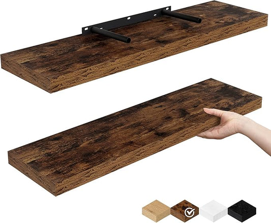 Fun Memories Floating Shelves for Wall, 24" Rustic Wood Deep Wall Mounted Shelves with Invisible Brackets for Decor & Storage, Floating Shelf for Living Room, Bathroom (Rustic Brown, Set of 2)-Ruum Studio Home