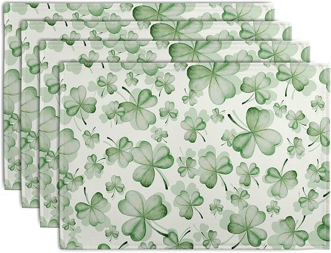 Shamrocks St. Patrick's Day Placemats Set of 4 Watercolor Lucky Clovers St Patrick's Day Table Mats Seasonal Spring Green Leaves Linen Place Mats for Party Kitchen Dining Outdoor Indoor Decor-Ruum Studio Home