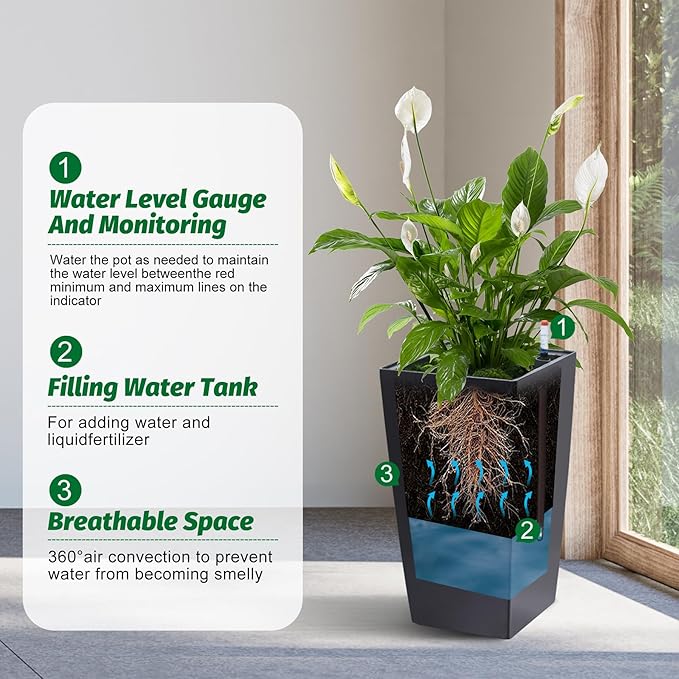 16" Tall Planters Set of 2, Outdoor＆Indoor Black Planter Pots, High Front Porch Planter Pots with Drainage Holes＆Water Level Monitor＆Inner Bucket, Automatic Watering,Black-Ruum Studio Home