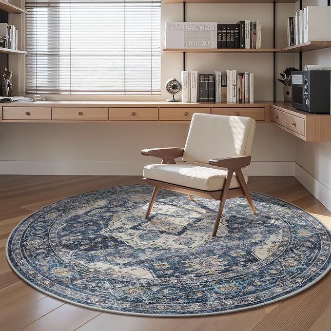 AMOAMI-6FT Round Rug-Rugs for Living Room-Vintage Soft Blue Rugs for Bedroom-Non Slip Circle Rug-Machine Washable Rug for Dining Room Living Room Bedroom Office Under Table-Ruum Studio Home