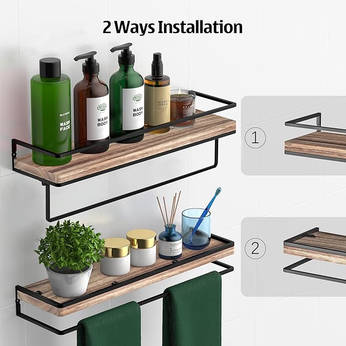 Meangood Floating Shelves Wall Mounted Set of 2, Wall Shelf with Towel Bar Rustic Wood Wall Storage Shelves for Bedroom,Living Room,Bathroom, Kitchen Torched Wood-Ruum Studio Home