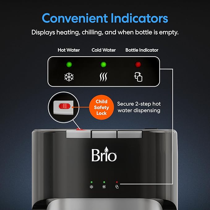 Brio Bottom Loading Water Cooler Dispenser for 5 Gallon Bottles - 3 Temperatures with Hot, Room & Cold Spouts, Child Safety Lock, LED Display with Empty Bottle Alert, Stainless Steel-Ruum Studio Home