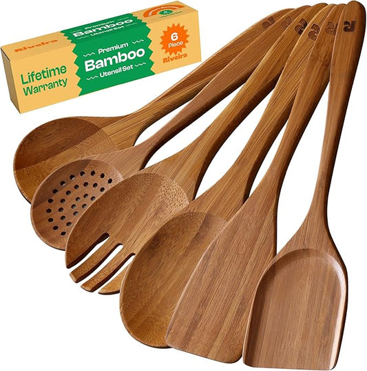 Riveira Brown Bamboo Wooden Spoons for Cooking Set of 6 – Natural Brown Bamboo Wooden Cooking Utensils, Wooden Spatula, Wooden Spoon - Premium Quality Wooden Utensil Set for Non-Toxic Cooking-Ruum Studio Home