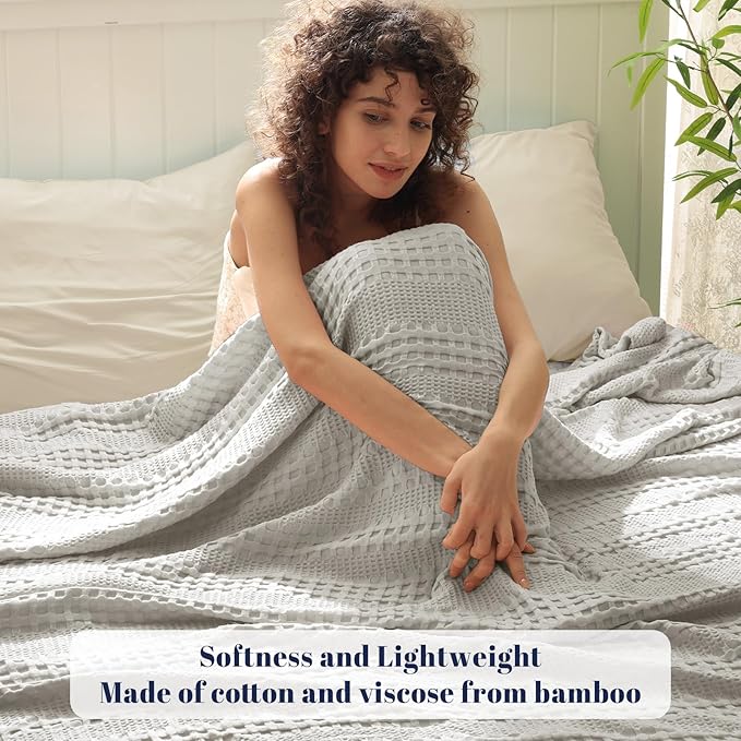 PHF Cooling Waffle Blanket King Size, Lightweight 60% Rayon Derived from Bamboo & 40% Cotton Breathable Blanket for Hot Sleepers, Soft and Luxury for Bed Couch and Sofa, 104"x90", Grey-Ruum Studio Home