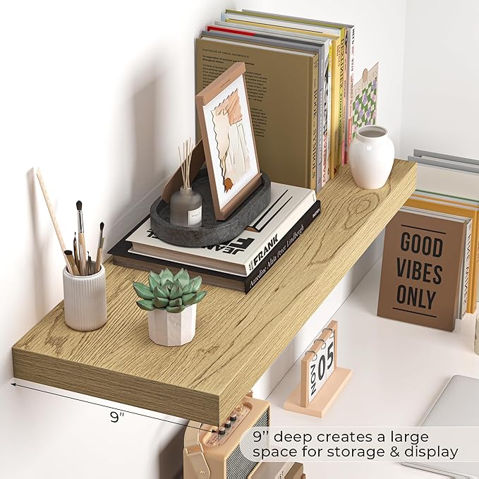 Fun Memories Floating Shelves - 24 Inch Rustic Wooden Wall Shelves - Extra Deeper & Thicker Wall Mounted Storage Shelf for Living Room, Kitchen, Farmhouse - 24" x 9" x 1.6" 2Pack, Oak-Ruum Studio Home
