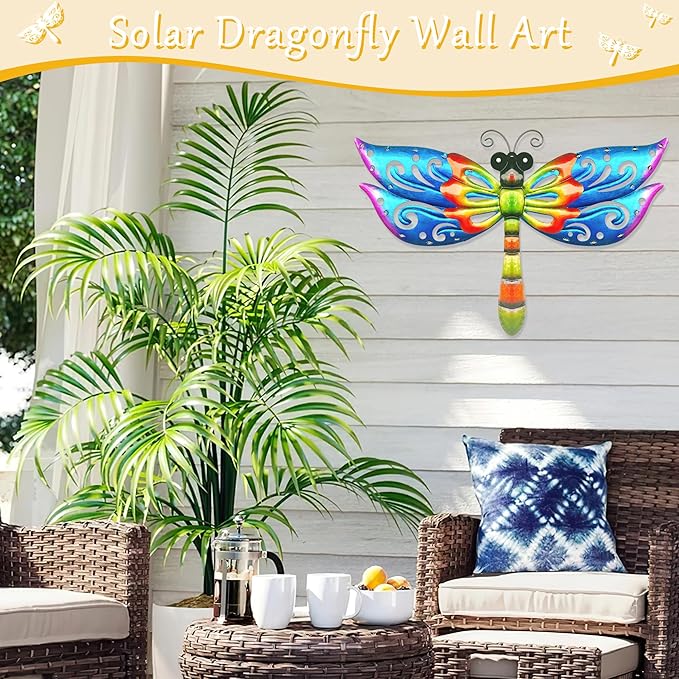 Solar Dragonfly Wall Art, 12-Inch Metal Garden Decor, Color Changing LED Lights, Multicolor-Ruum Studio Home
