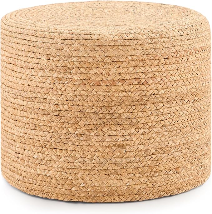 Handwoven Water Hyacinth Ottoman Pouf, Round Outdoor Footstool with Sturdy Frame, No Assembly Needed, Boho Accent Stool for Indoor & Outdoor Use – Patio, Balcony, Living Room (Natural)-Ruum Studio Home