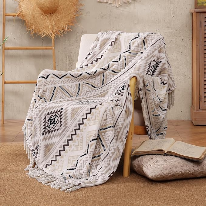 CASAAGUSTO Boho Throw Blanket - Beige and Gray Decorative Blankets with Tassel, Printed Flannel Bohemian Blanket for Chair, Bed, Sofa, Couch(60 * 80, Beige and Gray)-Ruum Studio Home