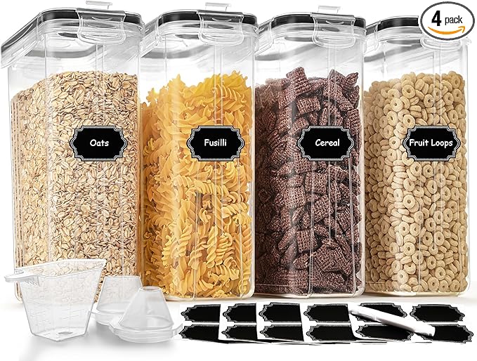 Cereal Containers Storage Set (4L / 135.2oz), 4PCS Airtight Food Storage Containers with Lids, Cereal Dispensers for Kitchen Pantry Organization and Storage with Pour Spout, 20 Labels, Marker-Ruum Studio Home