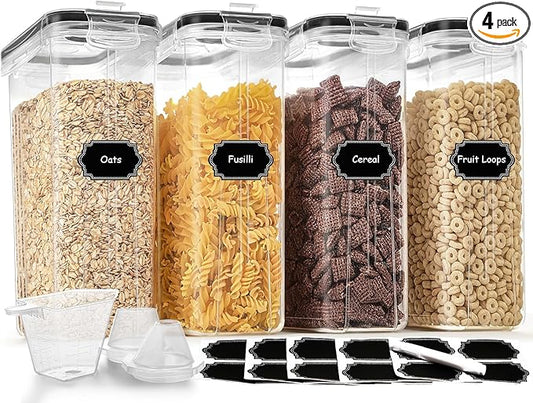 Cereal Containers Storage Set (4L / 135.2oz), 4PCS Airtight Food Storage Containers with Lids, Cereal Dispensers for Kitchen Pantry Organization and Storage with Pour Spout, 20 Labels, Marker-Ruum Studio Home