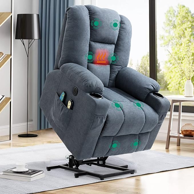 VIVIJASON Power Lift Chair Electric Recliner for Elderly Heated Vibration Massage Soft Fabric Recliner Chair with 2 Remote Controls, USB Ports, Side Pockets & Cup Holders for Living Room (Blue)-Ruum Studio Home