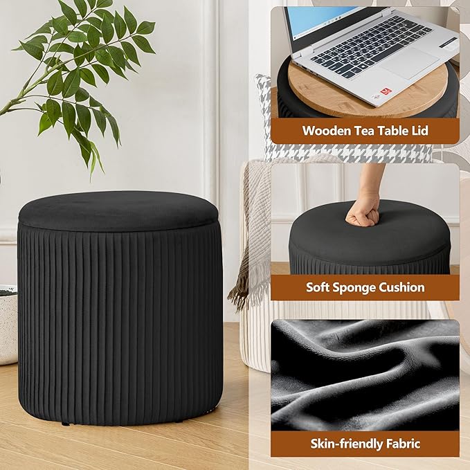 Ottoman with Storage Set of 2, Velvet Storage Ottoman, Upholstered Sponge Vanity Stool Support 300lbs, Multifunctional Coffee Table Foot Rest Ottomans for Living Room Bedroom, White-Ruum Studio Home