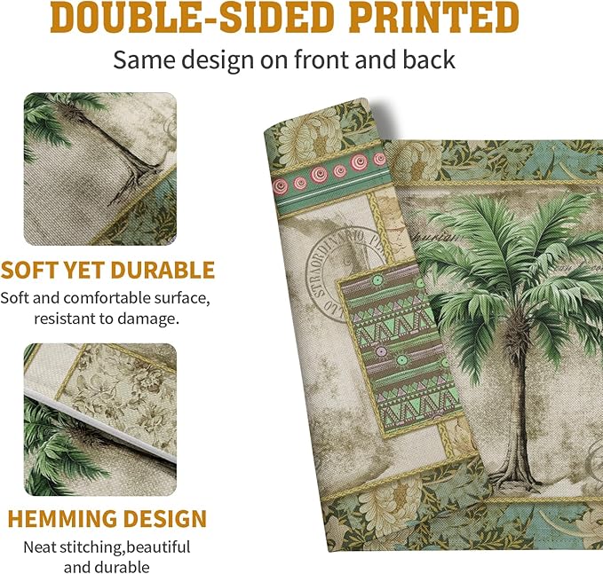 Tropical Palm Tree Placemats Set of 4 Summer Vintage Green Leaf Kitchen Table Mat 12x18 Inch Hawaii Beach Jungle Plant Tree Heat Resistant Washable Linen Place Mats for Dining Tables-Ruum Studio Home