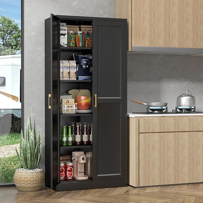 71" Storage Cabinet, Metal Pantry Cabinet, Kitchen Pantry Storage Cabinets with Doors and 4 Shelves for Laundry Room, Living Room, Dinning Room, Assembly Required, Black-Ruum Studio Home