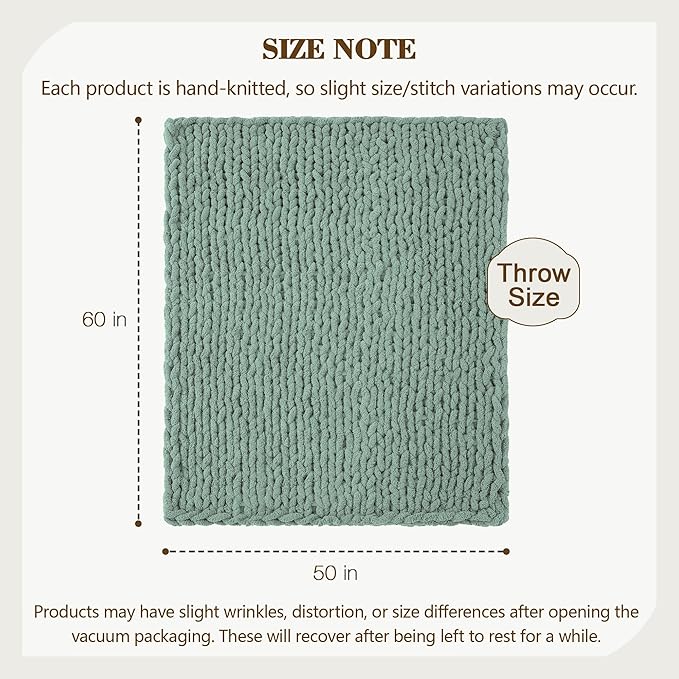 Carriediosa Chunky Knit Throw Blanket 50" X 60", 100% Hand Made Large Chenille Loop Yarn Soft Fluffy Throws for Couch Sofa Bed, Big Crochet Cozy Heavy Thick Cable Woven Blanket, Sage Green-Ruum Studio Home