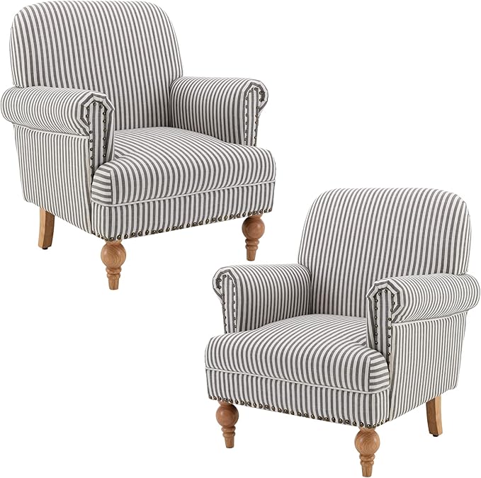 chairus Linen Accent Chair for Living Room Set of 2 Upholstered Mid Century Modern Single Sofa Chair with Solid Wood Legs Comfy Reading Armchair for Bedroom/Office Room/Recption/Lounge, Black Stripe-Ruum Studio Home