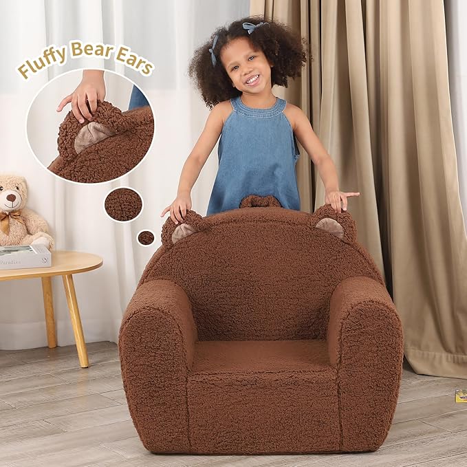 Comfy Toddler Chair, Cuddly Sherpa Teddy Bear Kids Sofa, High Back Kids Reading Chair for Boys and Girls, Brown-Ruum Studio Home