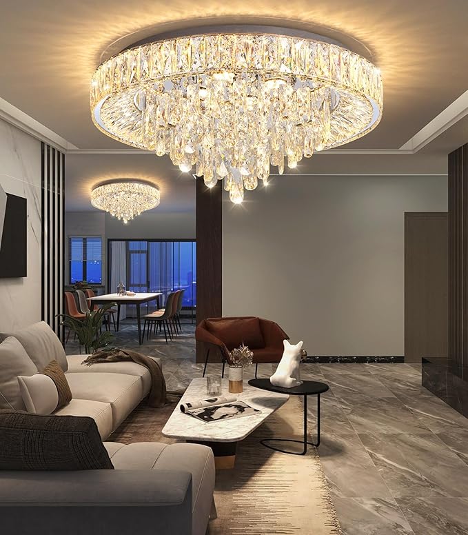 23.6'' Modern Crystal Chandeliers LED Dimmable Flush Mount Ceiling Chandeliers for Living Room Entrance Foyer Bedroom Silver-Ruum Studio Home
