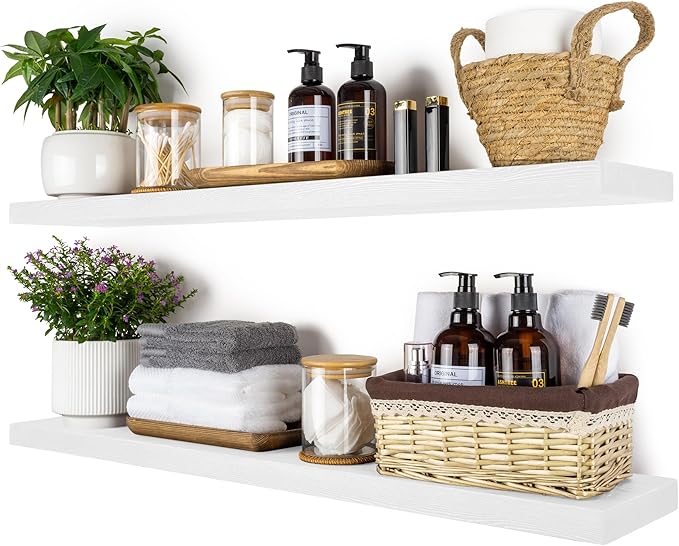 BGMG Wood Floating Shelves 36 inch Long, Wide Rustic Wooden Wall Shelves for Bathroom Living Room Bedroom Kitchen Farmhouse Set of 2-36x6.7x1.25 inch-White-Ruum Studio Home