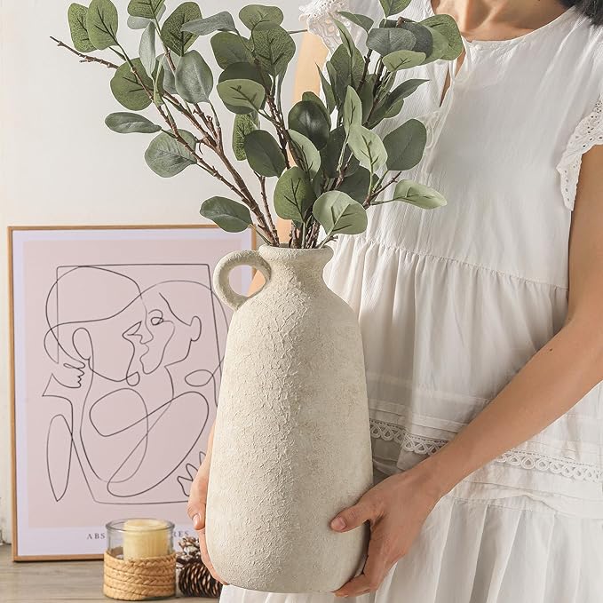 Ceramic Rustic Vase, 12.8" Large Flower Vases Home Decor Pottery Farmhouse Decorative Vase Boho Neutral Pampas Vases for Mantel Entryway Table Living Room Shelf Kitchen-Ruum Studio Home