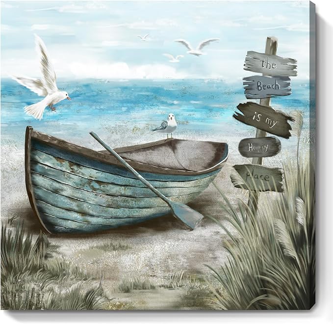 Canvas Wall Art Beach Décor Wall Picture Rustic Coastal Sand Canvas Print Ocean Nautical Painting Seascape Sea Bird Vintage Ship Boat Artwork for Seaside Living Room Bedroom Bathroom Decor Blue Large-Ruum Studio Home