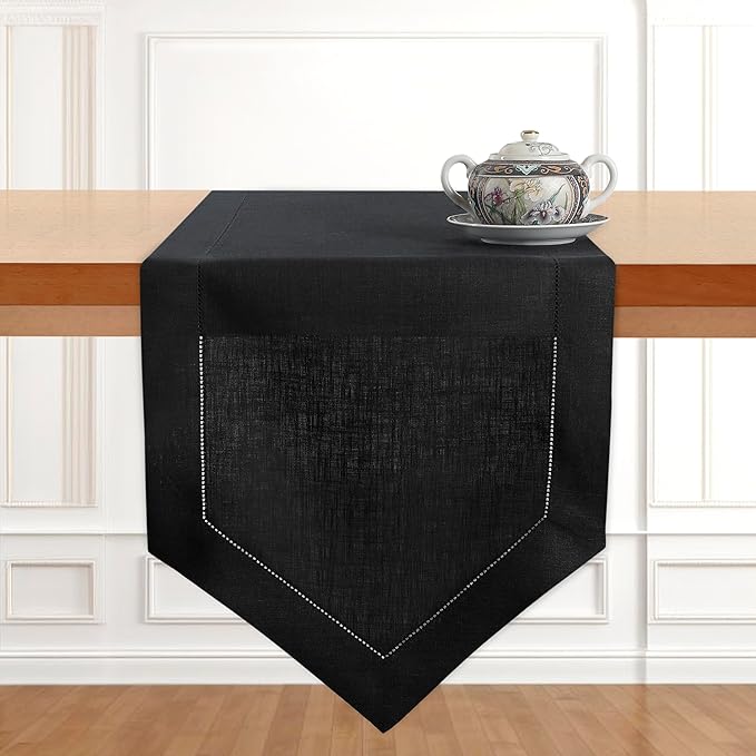 D'Moksha Homes Black Linen Table Runner 90 Inches Long - 100% Pure Linen Diamond Table Runner 14 x 90 Inch for Dining, Fall and Halloween - Machine Washable-Ruum Studio Home