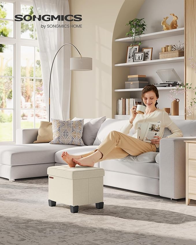 SONGMICS Storage Ottoman, Small Ottoman Foot Rest with Legs, 12.6 x 15.8 x 13.2 Inches Foot Stool, Load up to 660 lb, for Living Room, Bedroom, Dorm, Cream White ULSF012W01-Ruum Studio Home