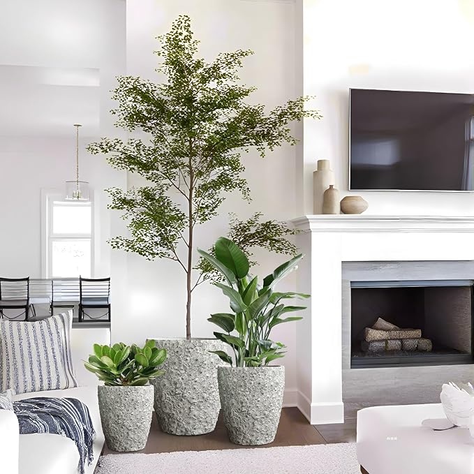 Craft flowerpots 16"+12"+10" Dia Round Concrete Planter Set of 3 Large Outdoor/Indoor Planter Pots Containers with Drainage Holes and Rubber Plug for Home Garden (Grey, Large)-Ruum Studio Home