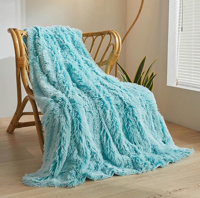 XeGe Luxury Faux Fur Blanket, Soft Big Fluffy Throw, Shaggy Plush Decorative Couch Blanket, Cute Furry Fuzzy Bed Throw for Bedroom Living Room, Ombre Aqua Green, 60x90-Ruum Studio Home