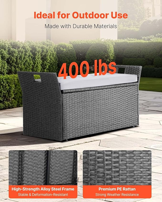 VEVOR Outdoor Storage Bench, 2-Person PE Rattan Storage Bench, 40 Gal Deck Box with Cushion & Side Handle, Supports up to 400 lbs, Weatherproof Outdoor Seating & Porch Decor for Patio Garden Balcony-Ruum Studio Home