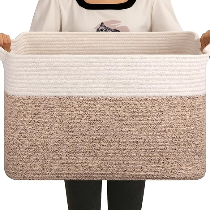 OIAHOMY 65L Blanket Basket, Cotton Rope Woven Blanket storage for Living Room, Rectangle Woven Baskets for Storage, 20''×16''×12'', Brown and White-Ruum Studio Home