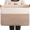 OIAHOMY 65L Blanket Basket, Cotton Rope Woven Blanket storage for Living Room, Rectangle Woven Baskets for Storage, 20''×16''×12'', Brown and White-Ruum Studio Home