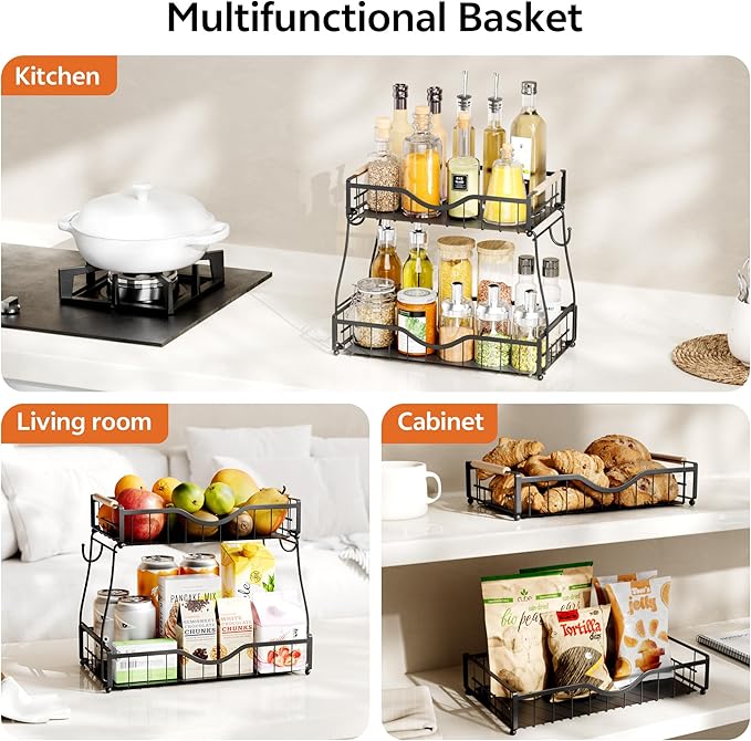 2 Tier Fruit Basket with 2 Banana Hangers, Fruit Bowl for Kitchen Countertop with 2 Wooden Handle, Detachable Metal Fruit Holder for Vegetable Bread with 2 Protective Pads, Black-Ruum Studio Home