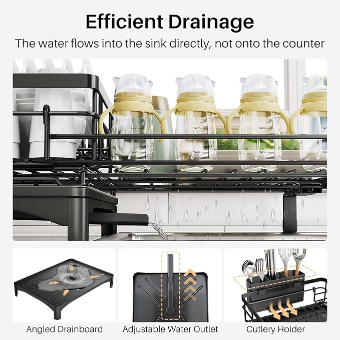 Dish Drying Rack - Extendable Dish Rack, Large Sink Drying Dish Drainer for Kitchen Counter, Stainless Steel Dish Strainer with Utensil Holder (Black)-Ruum Studio Home