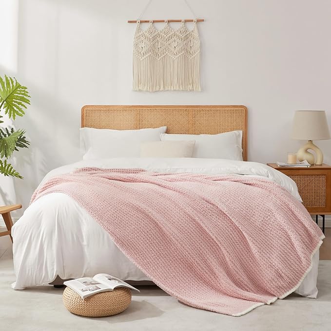 Snuggle Sac Pink Waffle Bedding Blankets Queen Size 90x90 inches, Reversible Microfiber Fluffy Fuzzy Soft Throw Cozy Knit Blanket for Women Mothers Birthday Gifts-Ruum Studio Home
