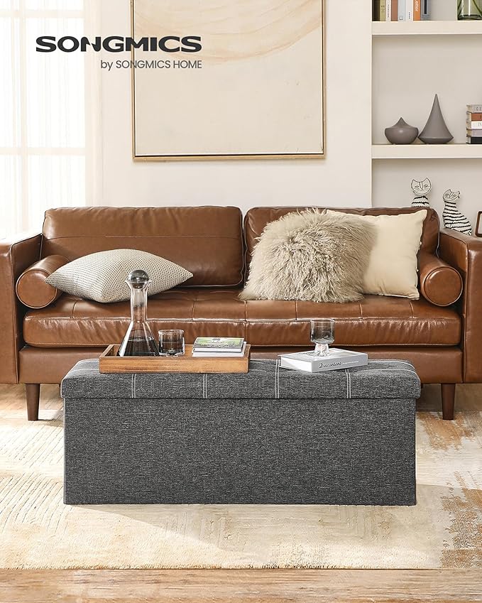 SONGMICS Mazie Collection - 43 Inches Ottoman Storage Bench, 35 Gal. Folding Chest with Breathable Linen-Look Fabric, Load up to 660 lb, for Entryway, Living Room, Bedroom, Dark Gray ULSF077G04-Ruum Studio Home