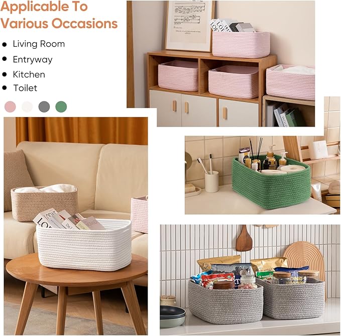 OIAHOMY 4 Pack 14.17*11.02*6.3IN Storage Baskets for Organizing Shelves, Woven Rope Baskets for Organizing Books, Clothes, Decorative Basket for Living Room, Nursery, Bedroom, Gift Basket, Green-Ruum Studio Home