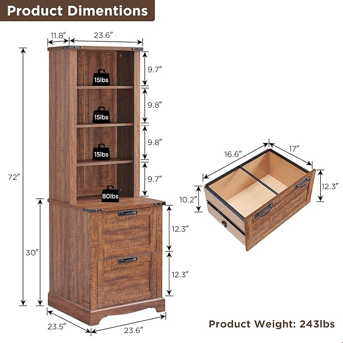 RedLemon Bookcase with 2 File Drawers, 72" Tall Farmhouse Bookshlef with Storage and Adjustable Shelves, 4 Tier Rustic Wood Bookshelf with Cabinet for Office, Living Room (Reclaimed Barnwood Color)-Ruum Studio Home