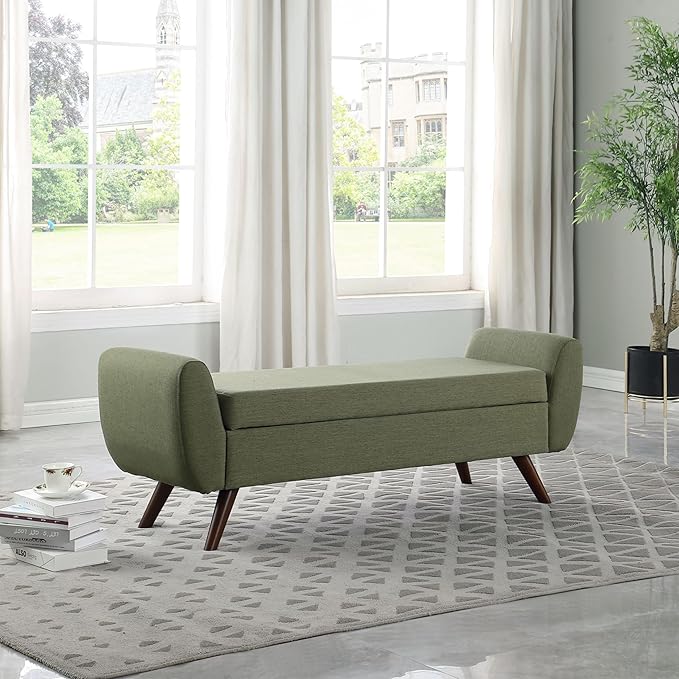 HomePop Modern Storage Bench with Wood Legs Home Décor|Bench with Storage for Living Room & Bedroom - Olive Green Woven-Ruum Studio Home