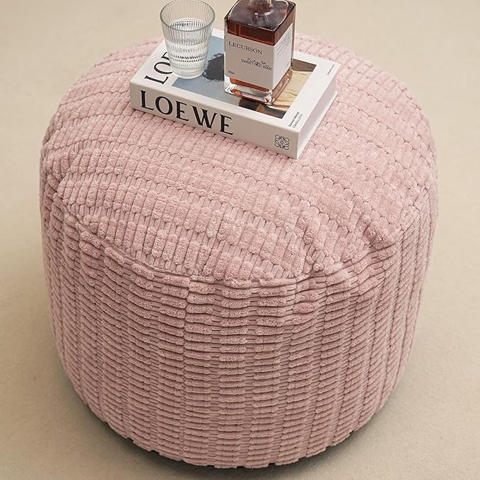 Round Stuffed Pouf Ottoman for Foot Rest, Storage Ottoman Pouf Foot Stool Cushion, Faux Fur Poufs with Foam Chunk Filling, 26 X 18 Inch Floor Chair for Living Room Bedroom Home Decor, Pink-Ruum Studio Home