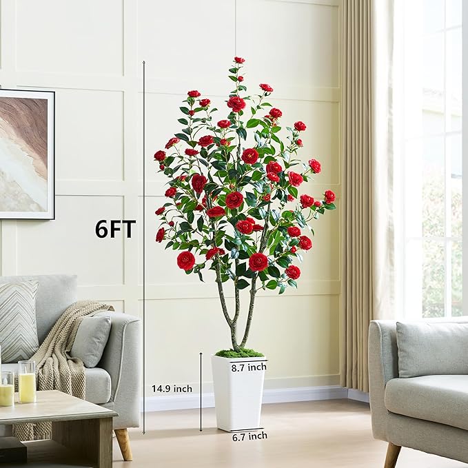 Artificial Camellia Tree 6FT Faux Trees Indoor Fake Floral Plant Blooming Tree with Red Flowers & White Tall Planter, Faux Camellia Plants for Porch Home Room Bedroom Office Front Door Outdoor Decor-Ruum Studio Home