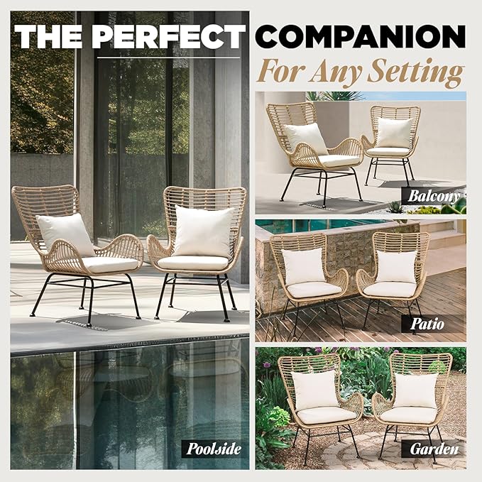 IDZO Isabelle Upgraded 2000 Hours UV Wicker Chairs Outdoor Set of 2, 500 lbs Capacity Outdoor Patio Chair, All-Weather Club Chair with Water-Resistant Olefin Cushions, Boho Style, Beige-Ruum Studio Home