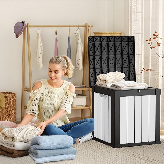 40 Gallon Resin Deck Box, Lockable Patio Outdoor Storage Box for Furniture, Garden Tools and Tools Storage, Waterproof Outside Storage Boxes - Black&White-Ruum Studio Home