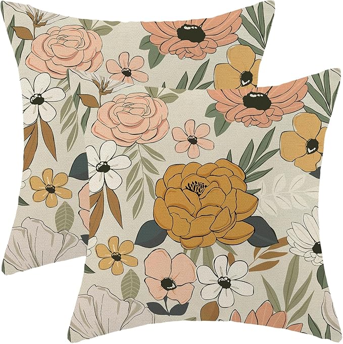 CXMEIFLY Spring Floral Pillow Covers 16 x 16 Inch Set of 2 for Vintage Mustard Yellow Pink Flowers Decor Throw Pillows Plant Cream Outdoor Decorative Cushion Cases for Couch Bed Decorations-Ruum Studio Home