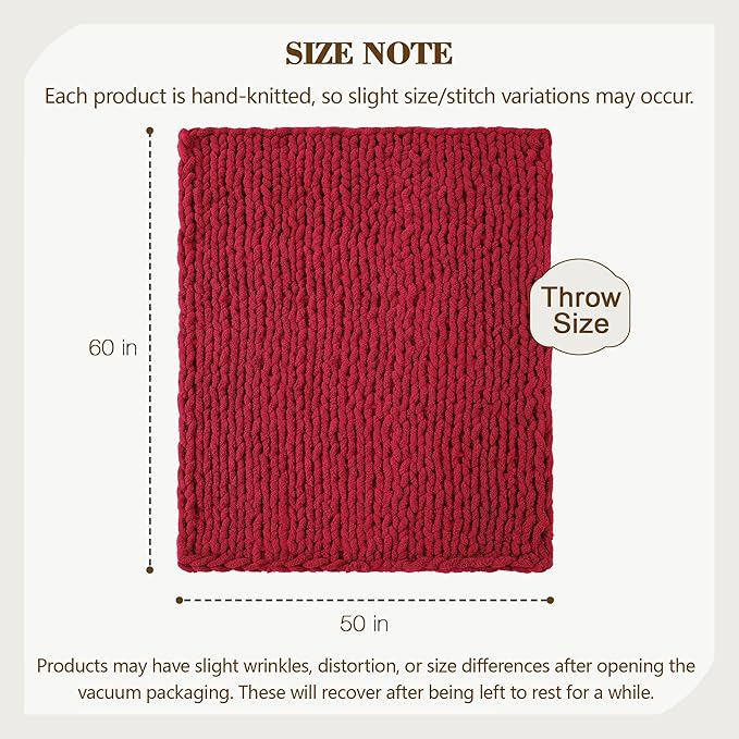 Carriediosa Chunky Knit Throw Blanket 50" X 60", 100% Hand Made Large Chenille Loop Yarn Soft Fluffy Throws for Couch Sofa Bed, Big Crochet Cozy Heavy Thick Cable Woven Blankets, Red-Ruum Studio Home