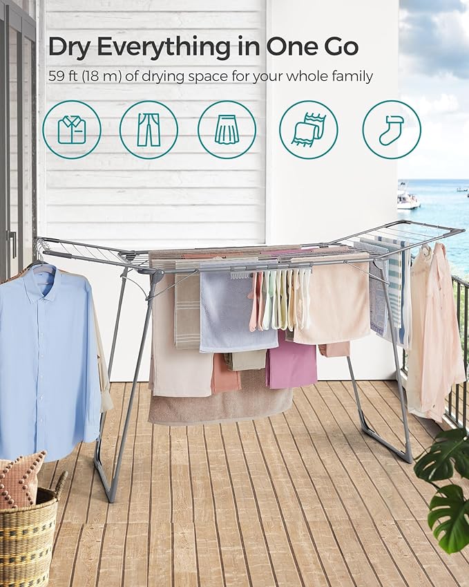 SONGMICS Clothes Drying Rack Foldable, Gullwing Laundry Drying Rack, Space-Saving, 22.2 x 68.1 x 38 Inches, Sock Clips, Metal Structure, for Clothes, Towels, Linens, Indoor, Outdoor Gray ULLR518G01-Ruum Studio Home