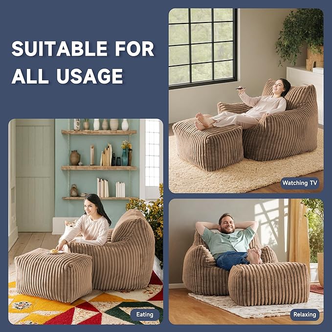 Giant Bean Bag Chairs for Adults, Oversized Chaise Lounge Chair Indoor with Memory Foam - Plush Boneless Lounger & Ottoman for Bedroom, Living Room, Gaming & Reading, Lazy Floor Sofa Chair, Khaki-Ruum Studio Home