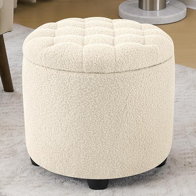 Furniliving Modern Round Storage Ottoman,Button Tufted Ottoman Foot Stools Ottoman Footstool with Removable Lid Storage Ottomans for Living Room, Bedroom, Makeup Room，Sherpa, IvoryWhite-Ruum Studio Home
