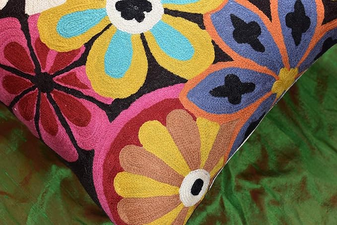 Modern Black Daisy Floral Pillow Cover Accent Flower Traditional Pillowcase Hand Embroidered Florals Couch Pillowsham Boho Outdoor Cushion Suzani Accent Pillow Wool 18x18 Inch-Ruum Studio Home